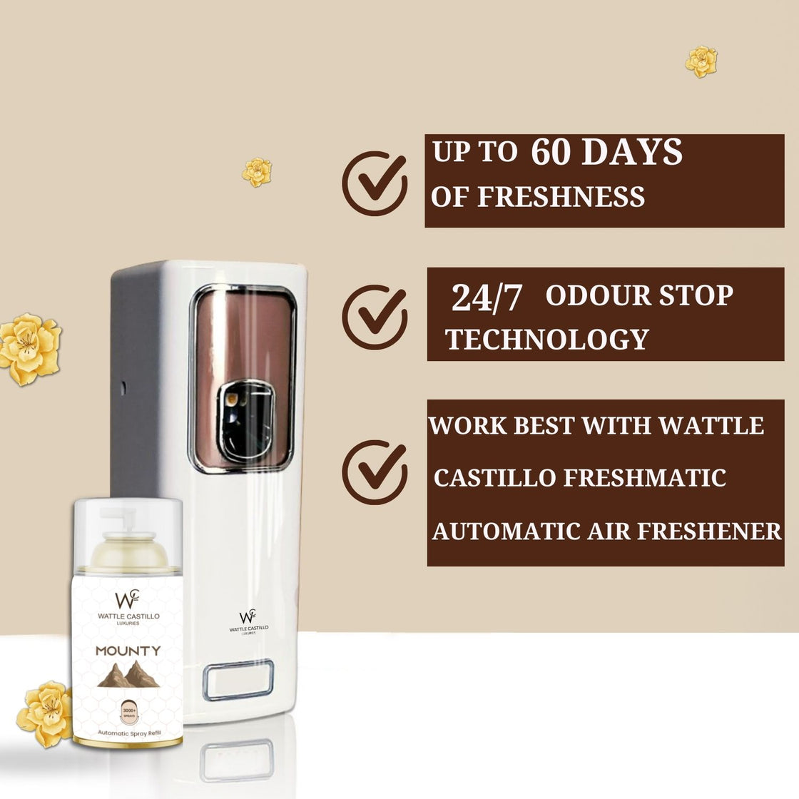 Wattle Castillo Mounty Automatic Room Fresheners Refill (265ml) & 3000+ Sprays Guaranteed Lasts up to 80 days