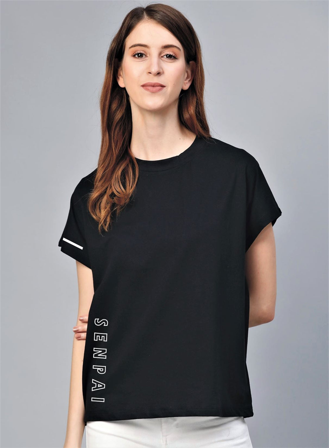 Women Black Polyester Round Neck T-Shirt